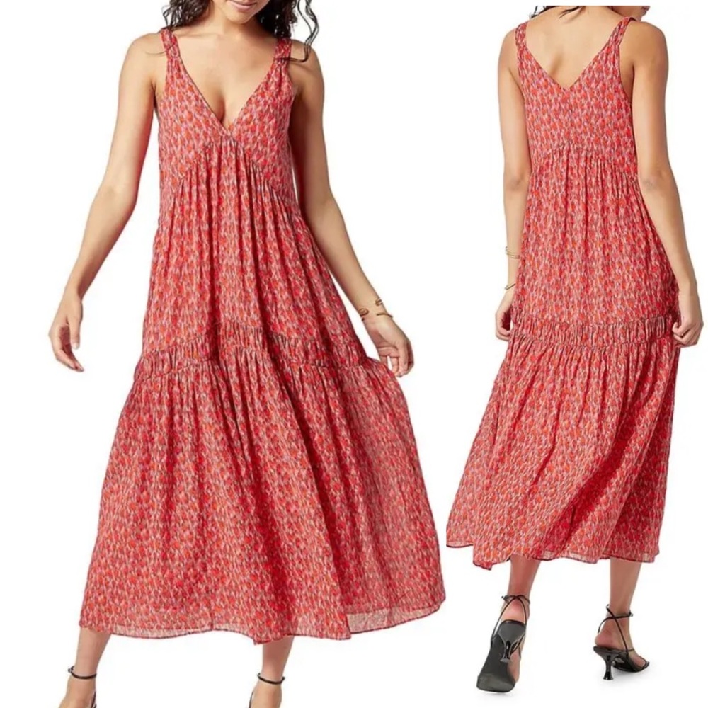 Joie Sun Dress Midi/Maxi Tea Rose V-Neck Tiered Ruffle Cotton cottage dress L
